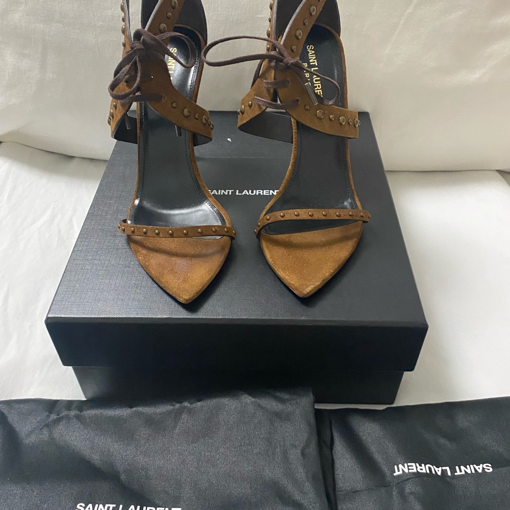 Saint Laurent Brown Suede Heels with Ankle Strap